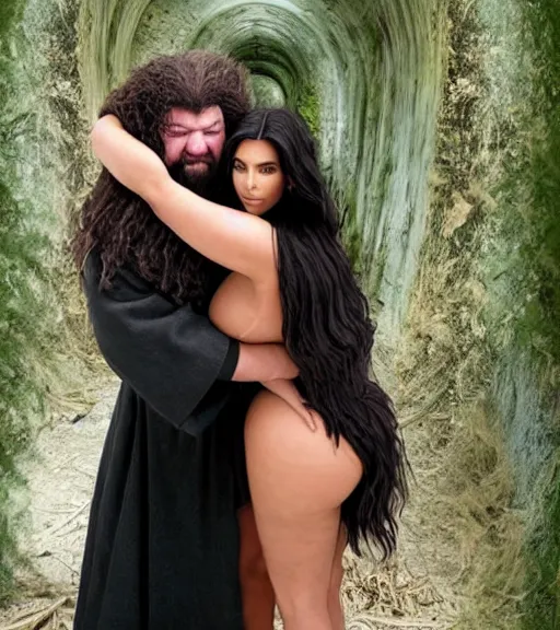 Prompt: hagrid hugging kim kardashian as he holds her waist, in a derelict grotto