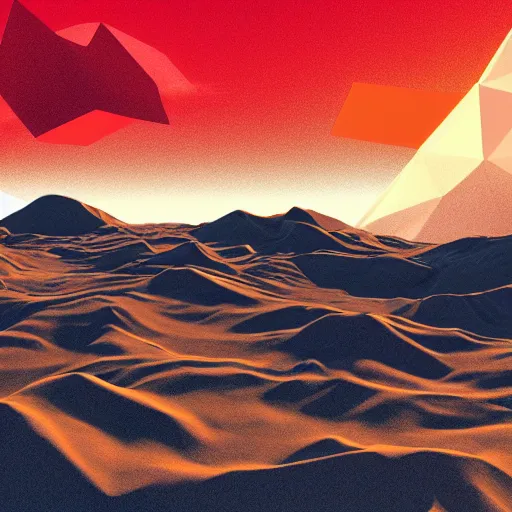 Prompt: tundra landscape with giant red low-poly structures floating in the sky