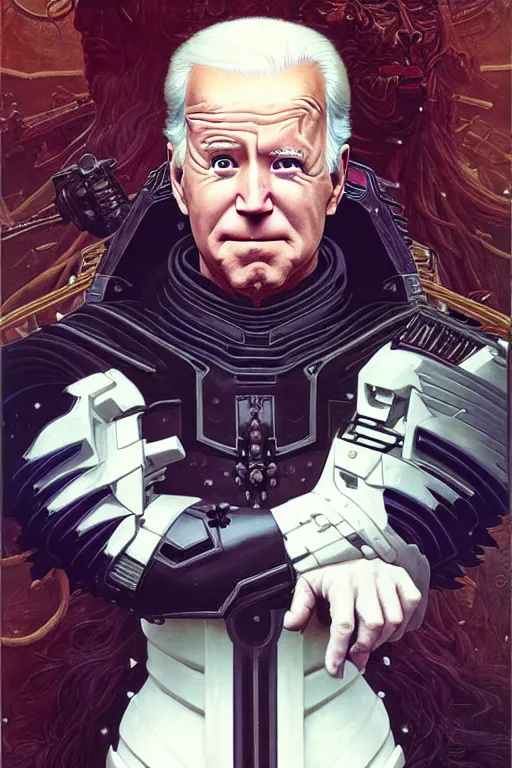 Image similar to portrait of joe biden goth cyborg with white hair in warhammer armor, art by kuvshinov ilya and wayne barlowe and gustav klimt and artgerm and wlop and william - adolphe bouguereau