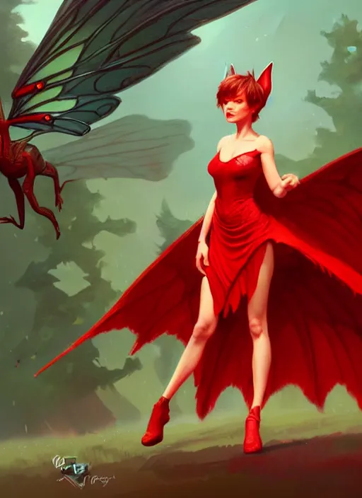 Image similar to Full-body illustration of tiny pixie, D&D fantasy, wearing a red dress, with large wings, intricate, highly detailed, digital painting, artstation, concept art, sharp focus, illustration, art by greg rutkowski and Ross Tran