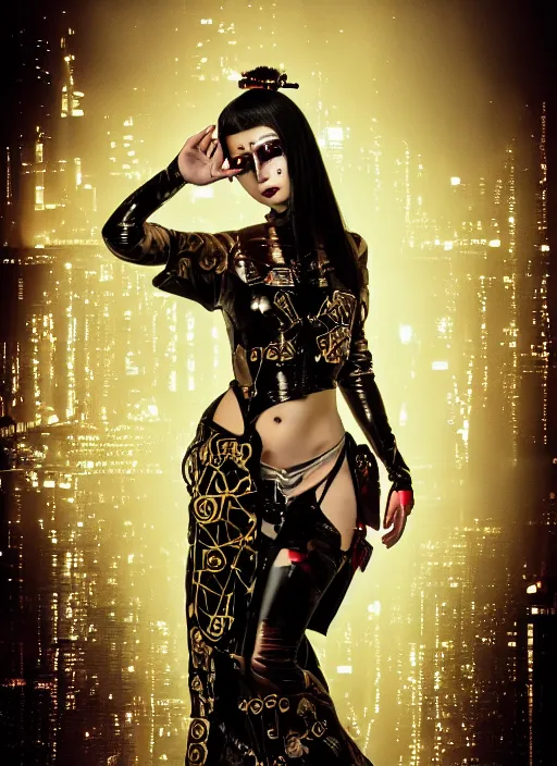 Image similar to portrait of a seductive cyberpunk latex geisha raver cyborg, modern fine art, golden ratio, dark fantasy, cyberpunk, octane render, fractal, in the style of ghosts in the machine, intricate ornaments, elegant, highly detailed, ornate, wlop