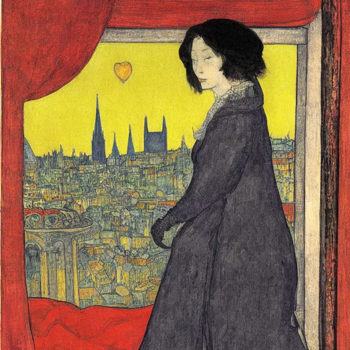 Image similar to close portrait of woman in night gown with cat, with city with gothic cathedral seen from a window frame with curtains. sunset. lucas cranach, bonnard, henri de toulouse - lautrec, utamaro