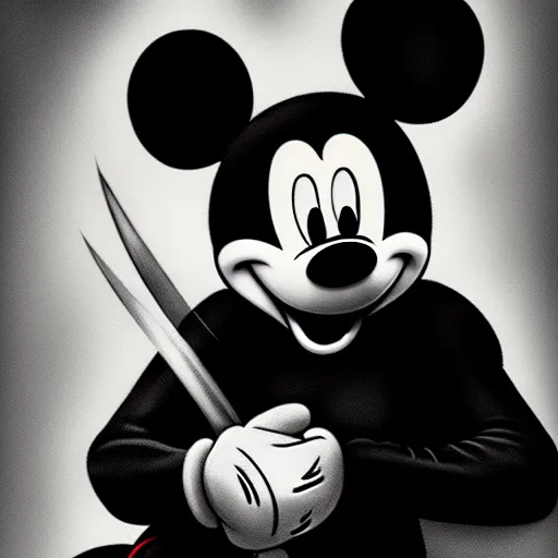 Image similar to mickey mouse warrior, painting portrait, desaturated, chiaroscuro, extremely detailed, artstation, cinematic