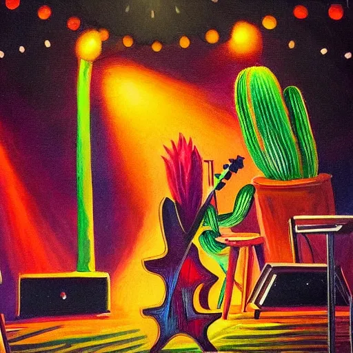 Prompt: a painting of a cactus playing a guitar on stage in the spotlight in a smoky night club