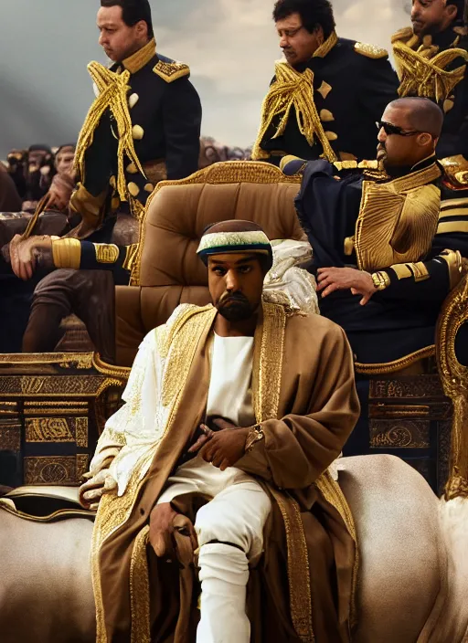 Image similar to kanye west as muammar kadhafi and emperor napoleon, splash art, movie still, detailed face, cinematic lighting, dramatic, octane render, long lens, shallow depth of field, bokeh, anamorphic lens flare, 8 k, hyper detailed, 3 5 mm film grain