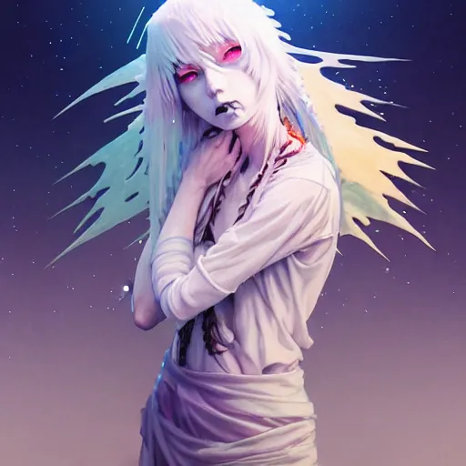 Image similar to god covered in bleach, with rhinestone eyes, covered in paralytic dreams, future pixels, illustration trending on artstation, anime. by hayao miyazaki and rossdraws and artgerm and greg rutkowski and alphonse mucha and studio ghibli and ilya kuvshinov. high quality, stunning, intricate detailed environment. 8 k