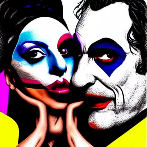 Image similar to richard hamilton and mimmo rottela as lady gaga harley queen and joaquin phoenix joker kissing, pop art, 2 color, left and right align separate, object details, dynamic composition, 4 k, ultra realistic art, smooth, sharp focus, full body portrait, illustration, concept art, intricate details, h 7 6 8