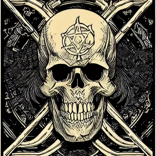 Prompt: a pirate flag, skull design for a rock band, art by Dan Mumford, intricate, D&D, dark fantasy