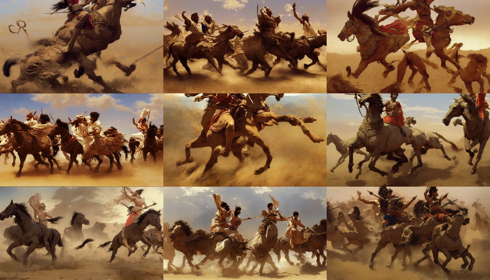 Prompt: ancient assyrian chariots charge, african steppe, intricate, elegant, highly detailed, digital painting, artstation, concept art, smooth, sharp focus, illustration, orientalism, bouguereau, rutkowski, mucha
