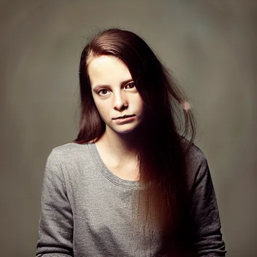 Prompt: portrait of a beautiful young woman, front view. casual clothing. studio photo by annie leibovitz.