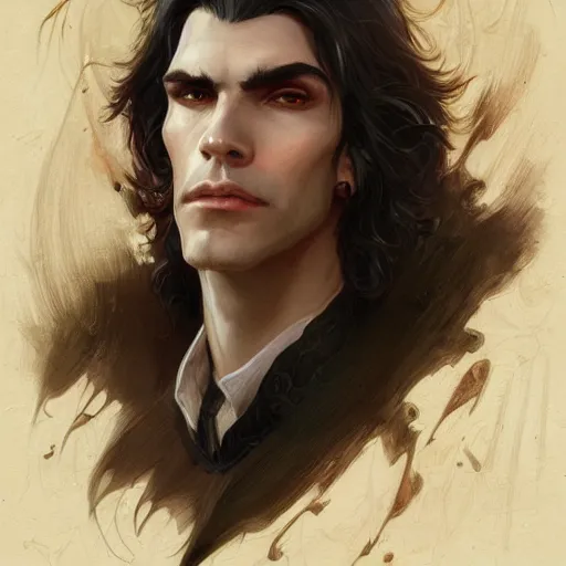 Prompt: portrait of a dark-haired male vampire, D&D, fantasy, intricate, elegant, highly detailed, digital painting, artstation, concept art, smooth, sharp focus, illustration, art by artgerm and greg rutkowski and alphonse mucha