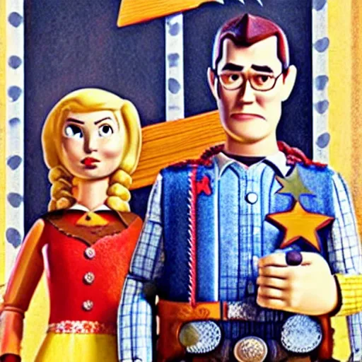 Image similar to american gothic in the style of toy story