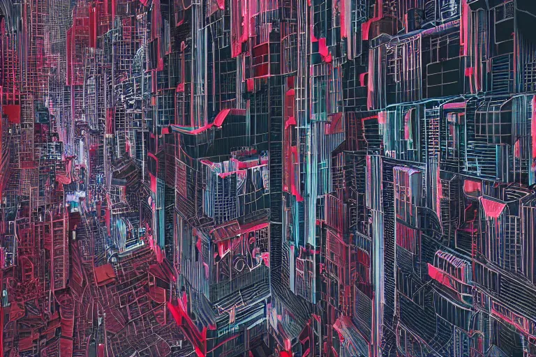 Prompt: pattern repeating city architecture neon beeple fractal watercolor pencil cyberpunk skull 3d ink alien poster futuristic red night gothic concept art black white album cover pixel art digital art sci fi matte painting digital painting oil painting art style cover art artstation