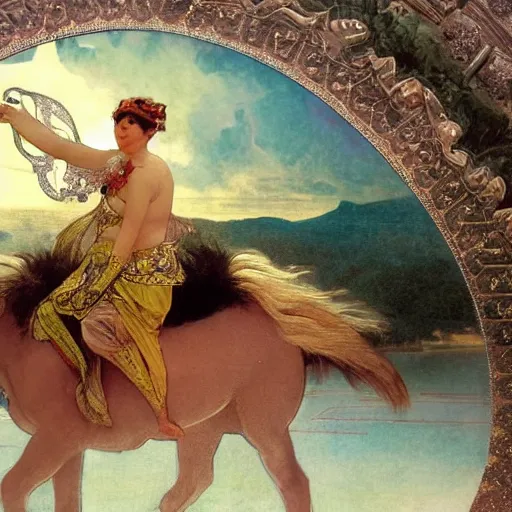 Prompt: Demon girl riding the horse at the palace, refracted sparkles, thunderstorm, greek pool, beach and Tropical vegetation on the background major arcana sky, by paul delaroche, alphonse mucha and arnold böcklin, hyperrealistic 8k, award-winning, very very very detailed