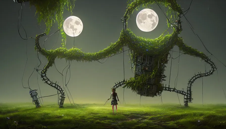 Prompt: a walking mechanical castle with legs, vines, forest, hyperrealistic, highly detailed, cinematic, single ray of moon, dark sky, beautiful, cgssociety, artstation, 8 k, oil painting