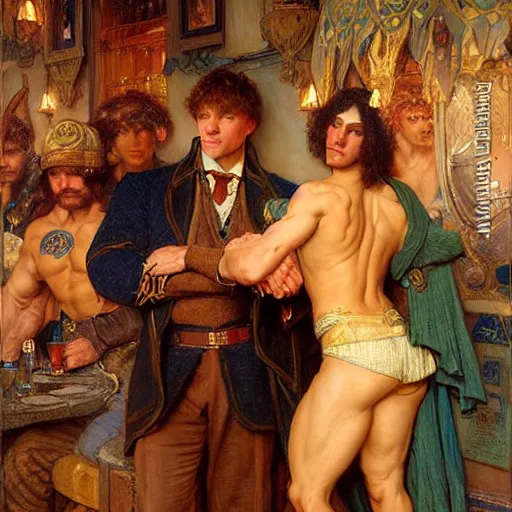 Image similar to attractive muscular arthur pendragon and muscular attractive merlin go to a pub together to have some drinks. highly detailed painting by gaston bussiere, craig mullins, j. c. leyendecker, alphonse mucha 8 k