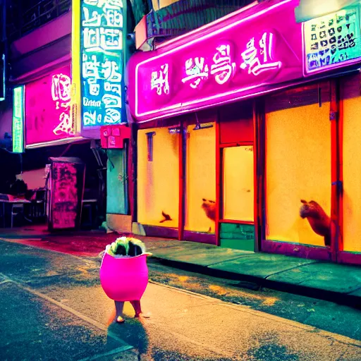 Image similar to capybara drinking bubble tea in cyberpunk, neon, pink and cyan seoul, detailed, street photography