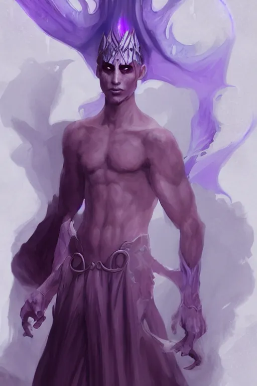 Prompt: djinn man male demon, portrait, full body, character concept art, costume design, illustration, white horns from eyebrows, purple cloak, editorial photo, fashion, hyperrealism, trending on artstation, Charlie Bowater, WLOP