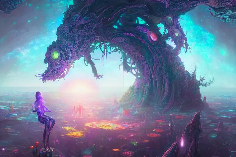 Image similar to a psychedelic realm at the edge of existence where intensely creative astral beings exist, attempt to break into the human reality, in the style of WLOP, illustration, epic, fantasy, hyper detailed, smooth, unreal engine, sharp focus, ray tracing