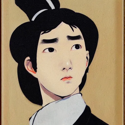 Image similar to painting of grumpy handsome beautiful man in his 2 0 s named min - jun in a french female maid outfit, modern clothing, elegant, clear, painting, stylized, delicate facial features, soft but grumpy, art, art by egon yamamoto