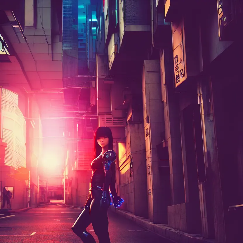 Image similar to a photo close up cyberpunk cyborg girl stands in a cyberpunk hiroshima, prefecture streets, sunset, photorealistic, cinematic lighting, very detailed, style by tomino - sama