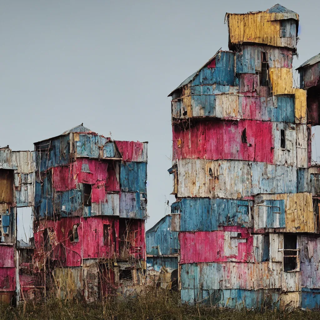 Image similar to close - up view of a tower made up of colourful makeshift squatter shacks, faded colours, plain off white sky, mamiya, very detailed, photographed by cristina de middel