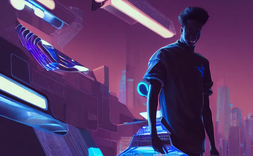 Prompt: single handsome black genius infiltrating the metaverse wearing jordans, curved translucent holographic displays, urban atmosphere, cmyk glowing lights, highly detailed, digital painting, artstation, concept art, smooth, sharp focus, illustration, art by wlop, mars ravelo and greg rutkowski