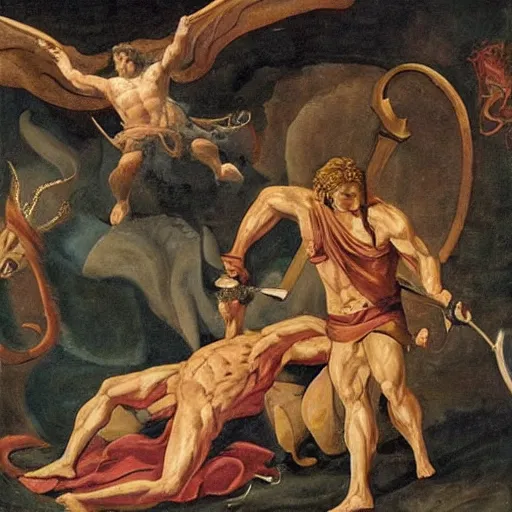 Prompt: The painting depicts the mythical hero Hercules in the moments after he has completed one of his twelve labors, the killing of the Hydra. Hercules is shown standing over the dead Hydra, his body covered in blood and his right hand still clutching the sword that slew the beast. His face is expressionless, betraying neither the exhaustion nor the triumph that must surely accompany such a feat. 1910s, dark orange by Émile Bernard, by John Singer Sargent random