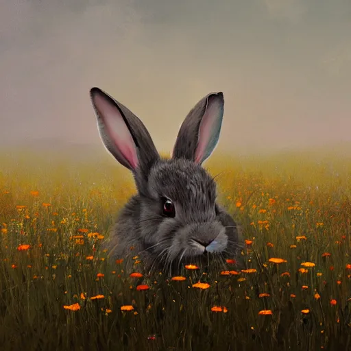 Prompt: A werebunny transforming in a field of flowers. Academic painting by Greg Rutkowski, Mobile still frame. 4K UHD