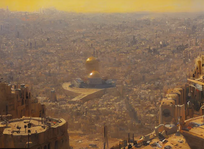 Image similar to a highly detailed beautiful portrait of jerusalem under attack by aliens, by gregory manchess, james gurney, james jean