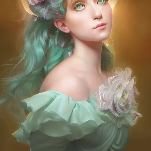 Image similar to Portrait of magical girl, dreamy and ethereal, mint green eyes, peaceful expression, ornate frilly dress, fantasy, intricate, elegant, beautiful, digital art, dynamic lighting, golden ratio, highly detailed, digital painting, trending on artstation, concept art, smooth, sharp focus, illustration, photo realistic, art by artgerm and greg rutkowski and alphonse mucha, 4K