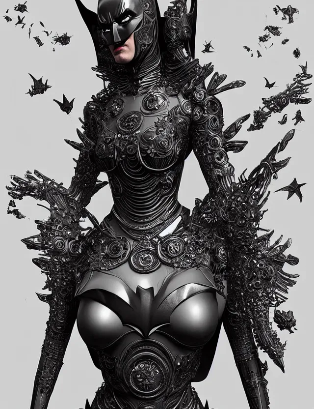 Prompt: 3 d goddess batman, beautiful intricately detailed costume. artwork by giger and dali and beeple and greg rutkowski