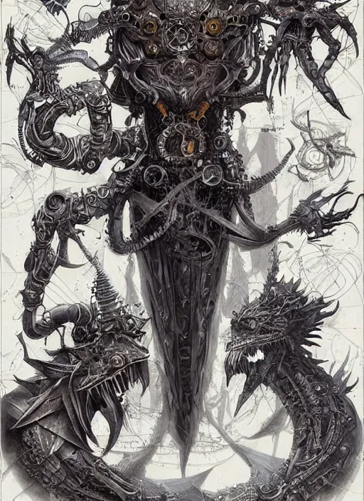 Image similar to a full page concept designs of extraterrestrial dark creature concept art, steampunk blueprint, intricate details, ink on paper, scientific, Highly detailed labeled, poster, Peter Mohrbacher