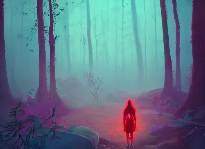 Image similar to a woman with [ red energy emanating from her hand ]!, stands in the middle of a pathway in a timid forest, trending on cgsociety, digital art, illustrated by max hay and anton fadeev, bioluminescent atmosphere, back view, intricate