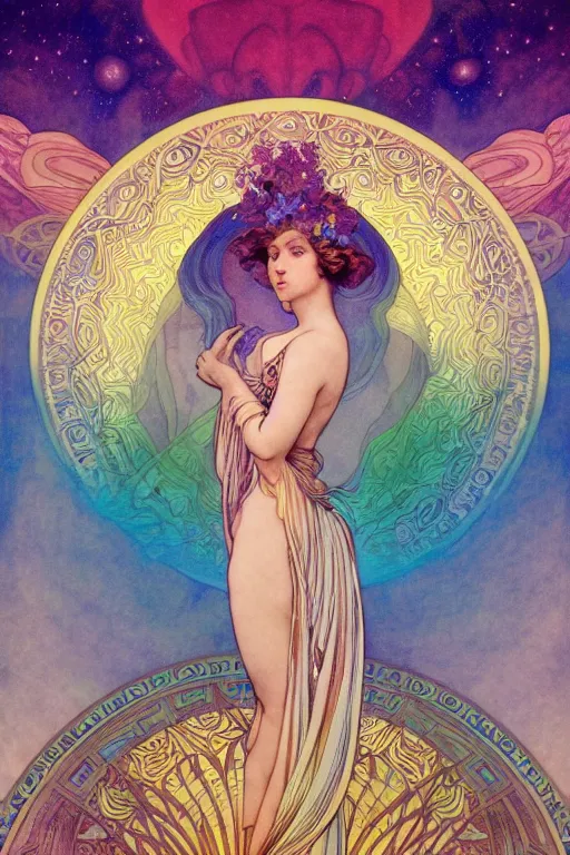Prompt: beautiful goddess of space and dreams by maxfield parrish and artgerm and alphonse mucha, wide angle, mandala, coherent design, perfect symmetry, vivid colors, digital watercolor ink illustration painting, complementary color, golden ratio, detailed, sharp lines, sharp focus, intricate, rainbowshift, octane render