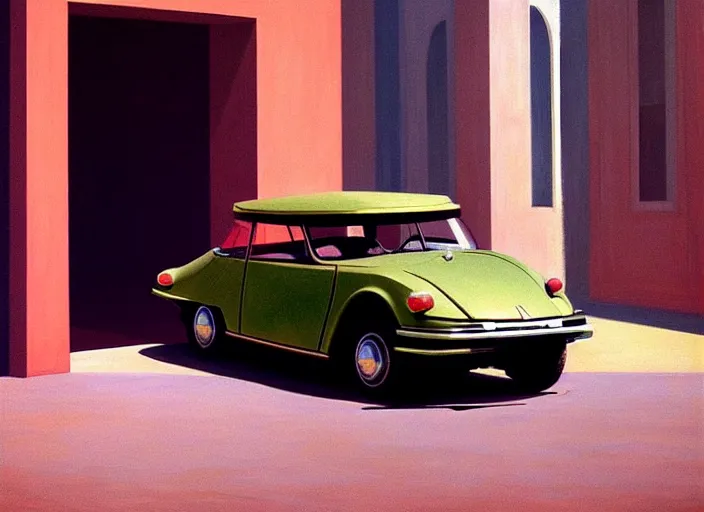 Image similar to a beauty woman stands at citroen ds 1 9 in rome, highly detailed, soft lighting, elegant, by edward hopper and james gilleard, zdzislaw beksinski, steven outram, highly detailed