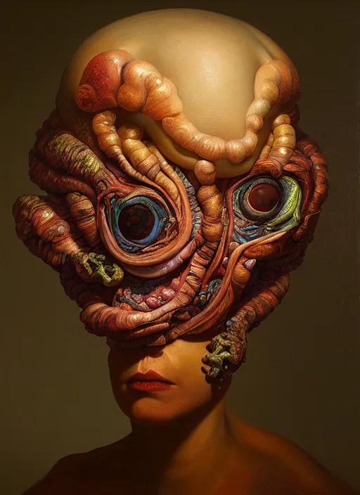 Image similar to strange, looming head, biomorphic painting of a woman with large eyes, deep rich colours by, rachel ruysch, and charlie immer, highly detailed, emotionally evoking, head in focus, volumetric lighting, oil painting, timeless disturbing masterpiece