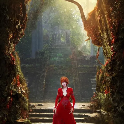 Image similar to portrait of a female draconic sorceress with curly red hair wearing a red dress and a red coat exploring the ruins of an abandoned maya city in the jungle, fantasy, highly detailed, digital painting, artstation, concept art, character art, art by greg rutkowski and tyler jacobson and alphonse mucha