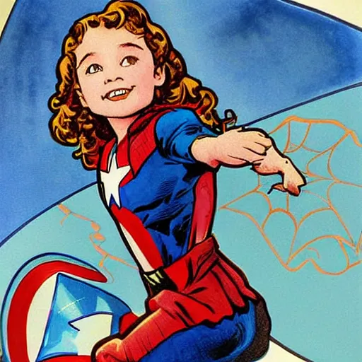 Image similar to a little girl with a mischievous face and light brown curly wavy hair and blue eyes. she is dressed as captain america, spider - man, batman, captain marvel, a superhero. well composed, clean elegant painting, beautiful detailed face. comic book art by steve ditko and jack kirby and ( alphonse mucha )