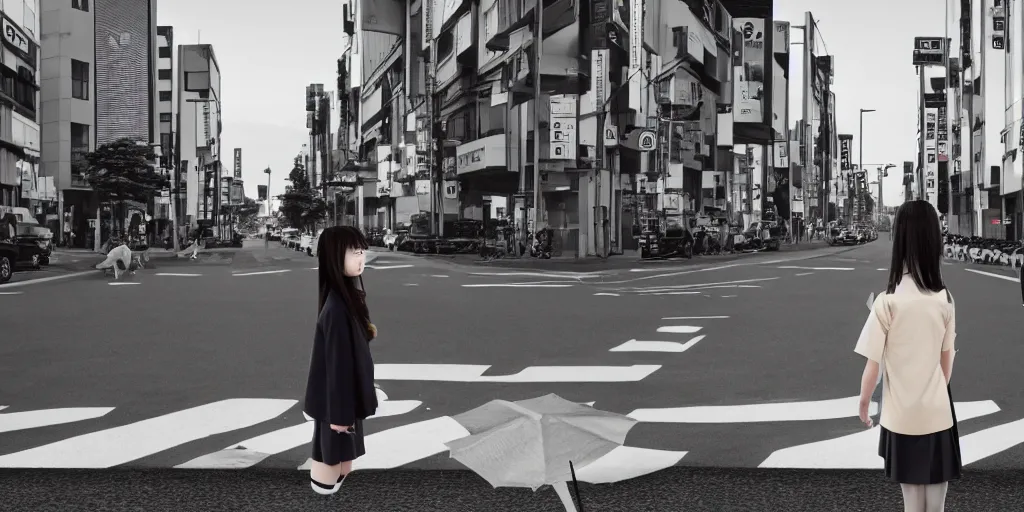 Image similar to a girl with long hair on japanese uniform high school, waiting on a crosswalk, urban city background, digital art, 8 k,