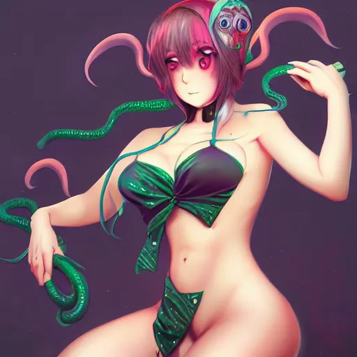 Prompt: cthulhu humanisation as a cute anime girl pinup, by rossdraws, wlop, boris vallejo, gil elvgren, enoch bolles, sleek curves, pixiv award winning, epic light, accurate detailed face, symmetry balance