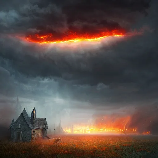 Image similar to a highly detailed cloaked creature from another dimension watching a house on fire, firestorm, a black void in the sky, stormy clouds, wide perspective, low perspective, burning village, highly detailed digital art, cinematic, hyper realism, oil on canvas, trending on Artstation, octane render