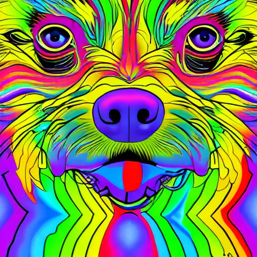 Image similar to chihuahua with rainbow fur, psychedelic fur, in an abstract mc escher environment, happy chihuahua, 4 k, 8 k, ultra detailed, digital illustration