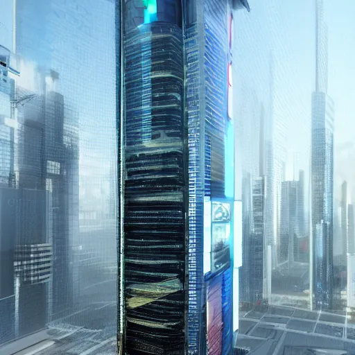 Prompt: Future Tech Corporation skyscraper, cyberpunk, 4K, realistic, HD