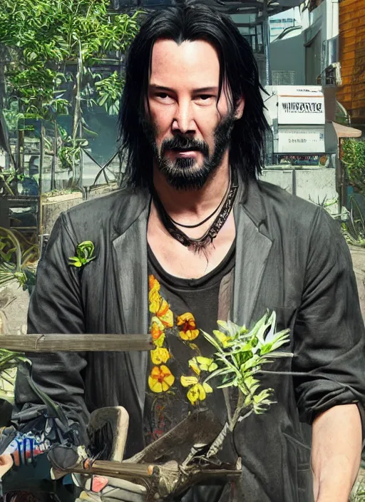 Image similar to wake up samurai we have a community to feed, solarpunk keanu reeves driving a tractor, cyberpunk 2 0 7 7, solarpunk, lots of plants, gardening, permaculture, anarchy, realistic, ultra detailed