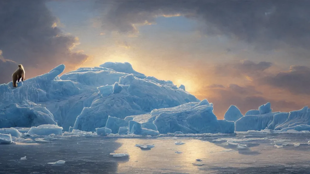 Image similar to the most beautiful panoramic landscape, oil painting, where a giant iceberg is lost in the frozen artic ocean, a giant polar bear is exhaling steam while walking over the iceberg, the frozen artic ocean is reflecting the giant polar bear and the ray lights of the sunrise are brightening him, by greg rutkowski