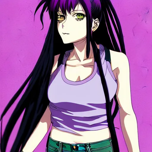 Image similar to style of madhouse studio anime, black lagoon manga, loish, artgerm, comic art, portrait of revy from black lagoon, symmetrical eyes and symmetrical face, jean shorts, white tank top, purple hair, sarcastic evil smirk on face, sky and ocean background