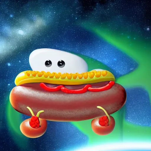 Image similar to a beautiful hotdog character in space wearing a tuxedo with colorful bright green eyes, medium shot, hd, 8k, hyper-realism, detailed,