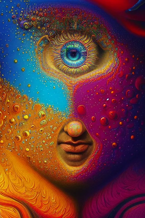 Image similar to hyperrealistic abstract close-up Renaissance psychedelic!! celestial happy! pure creature!! peaceful! kind spirit of nature! beautiful fractal!! eyes! highly detailed concept art eric zener elson peter cinematic hard rainbow lighting high angle hd 8k sharp shallow depth of field endless, inspired by Zdzisław Beksiński Salvador Dali