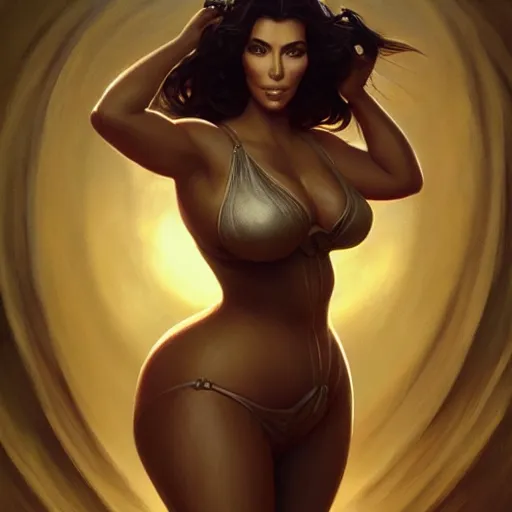 Prompt: portrait of a beautiful thick female, kim kardashian type body, D&D, fantasy, intricate, elegant, highly detailed, digital painting, artstation, concept art, smooth, sharp focus, illustration, art by artgerm and greg rutkowski and alphonse mucha